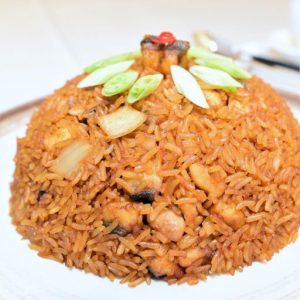 Fried rice with eel, chicken dices and kimchi